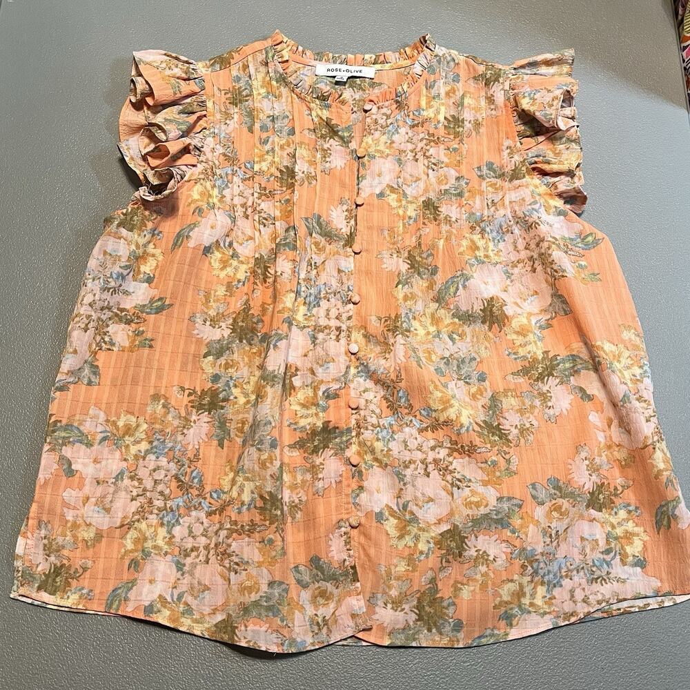 Rose + olive pintuck ruffle Floral flutter Sleeve Top gauzy flowy Size Medium